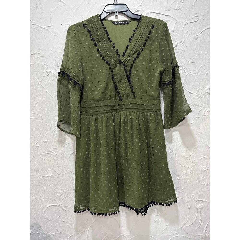 Zara Army Olive Green Swiss Dot Polka Dot Pom Pom Chiffon Mini Dress-Size: Large